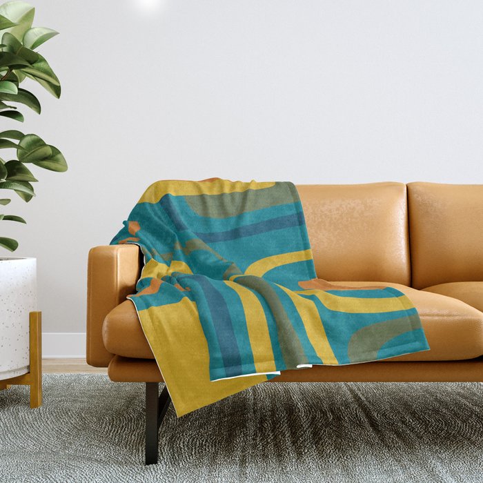 Palm Springs Midcentury Modern Abstract in Moroccan Mustard, Orange, Olive, Blue, and Teal Throw Blanket Gallery Image 1