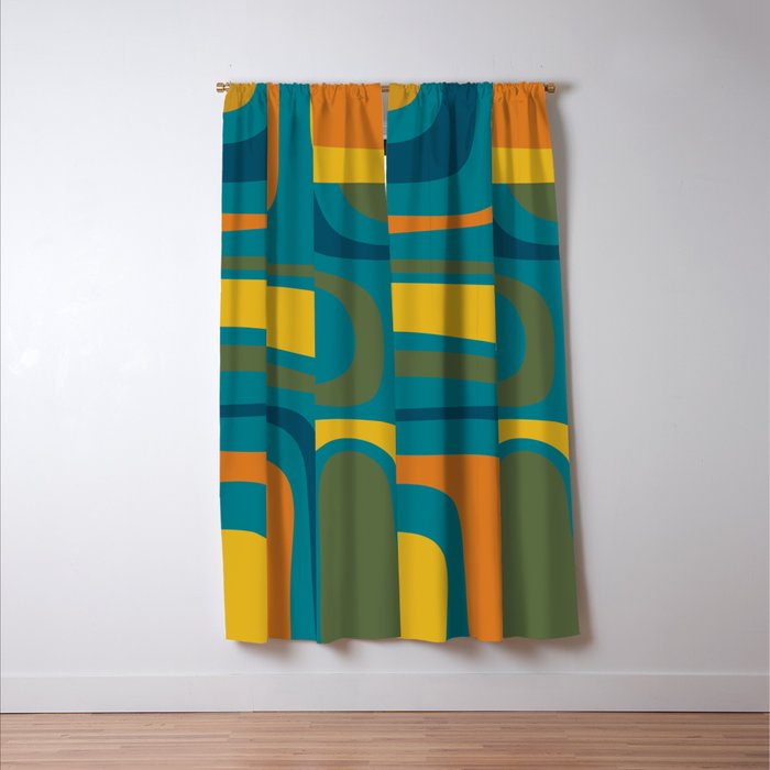 Palm Springs Midcentury Modern Abstract in Moroccan Mustard, Orange, Olive, Blue, and Teal Window Curtain Gallery Image 3