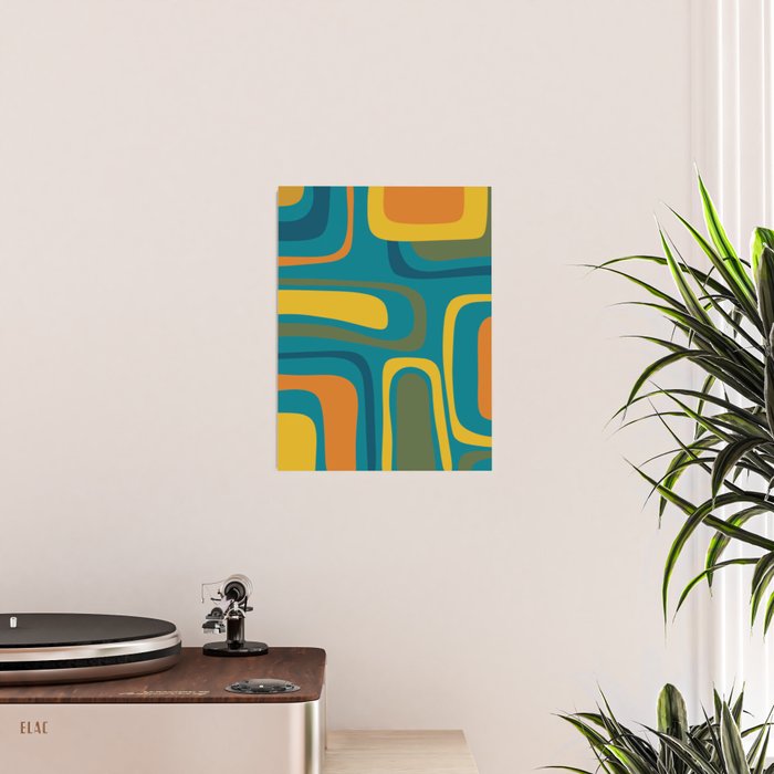 Palm Springs Midcentury Modern Abstract in Moroccan Mustard, Orange, Olive, Blue, and Teal Poster Gallery Image 2