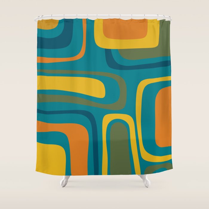 Palm Springs Midcentury Modern Abstract in Moroccan Mustard, Orange, Olive, Blue, and Teal Shower Curtain Gallery Image 1