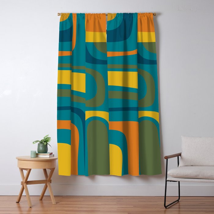 Palm Springs Midcentury Modern Abstract in Moroccan Mustard, Orange, Olive, Blue, and Teal Window Curtain Gallery Image 1