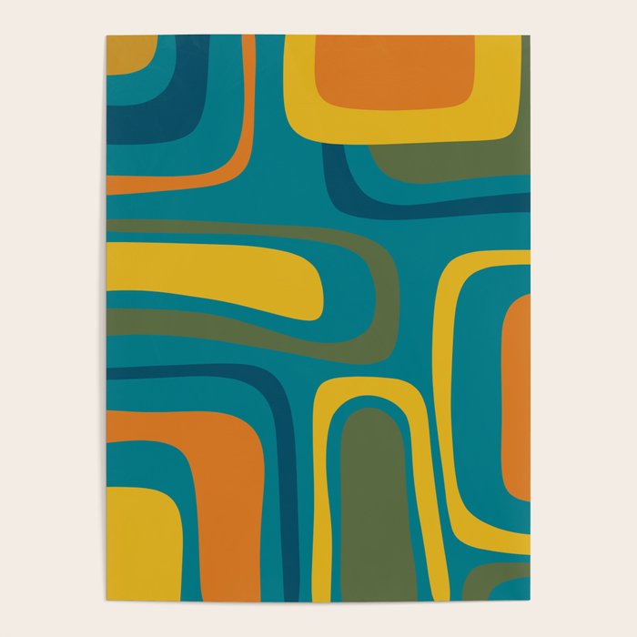 Palm Springs Midcentury Modern Abstract in Moroccan Mustard, Orange, Olive, Blue, and Teal Poster Gallery Image 1