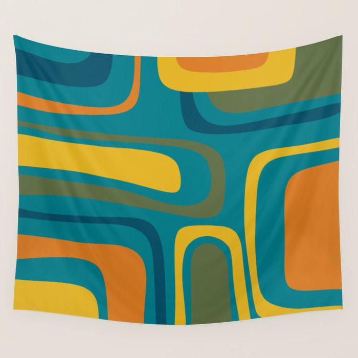 Palm Springs Midcentury Modern Abstract in Moroccan Mustard, Orange, Olive, Blue, and Teal Wall Tapestry Gallery Image 4