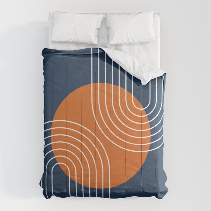 Mid Century Modern Geometric 161 Sun Rainbow abstract in Navy Blue Orange Comforter Gallery Image 6
