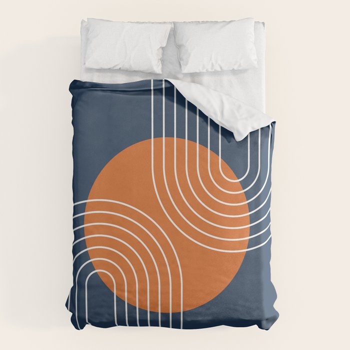 Mid Century Modern Geometric 161 Sun Rainbow abstract in Navy Blue Orange Duvet Cover Gallery Image 1