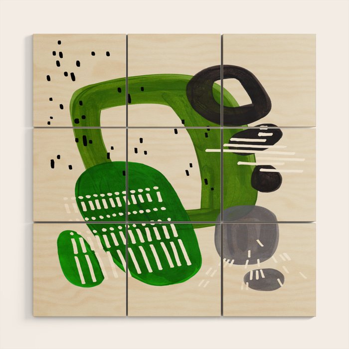 Fun Mid Century Modern Abstract Minimalist Olive Green Rings Grey Black Accent Wood Wall Art Gallery Image 1