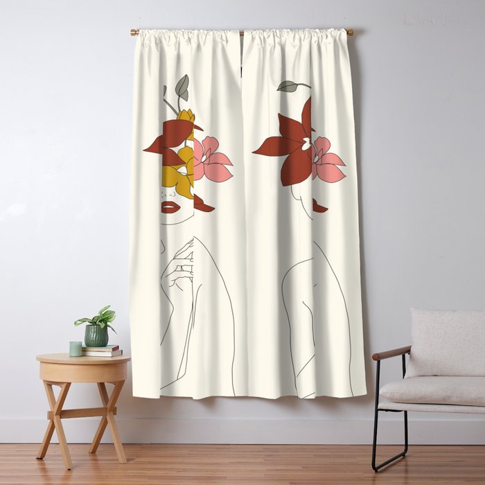 Colorful Thoughts Minimal Line Art Woman with Orchids Window Curtain Gallery Image 1