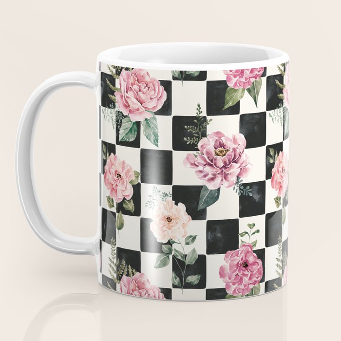 Moonlit Hollow Vintage Checkered Floral Coffee Mug Gallery Image 3