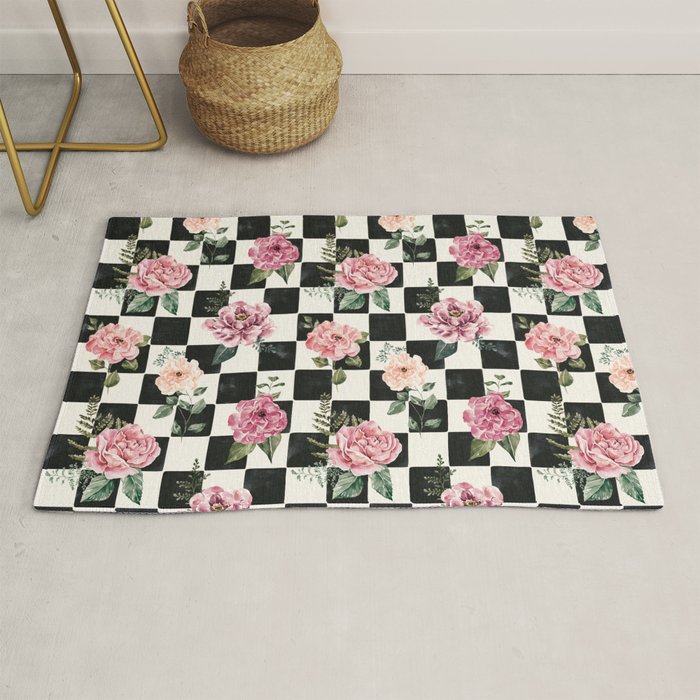 Moonlit Hollow Vintage Checkered Floral Rug Gallery Image 1