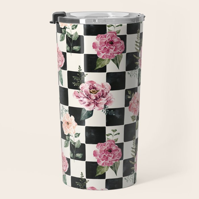 Moonlit Hollow Vintage Checkered Floral Travel Mug Gallery Image 3