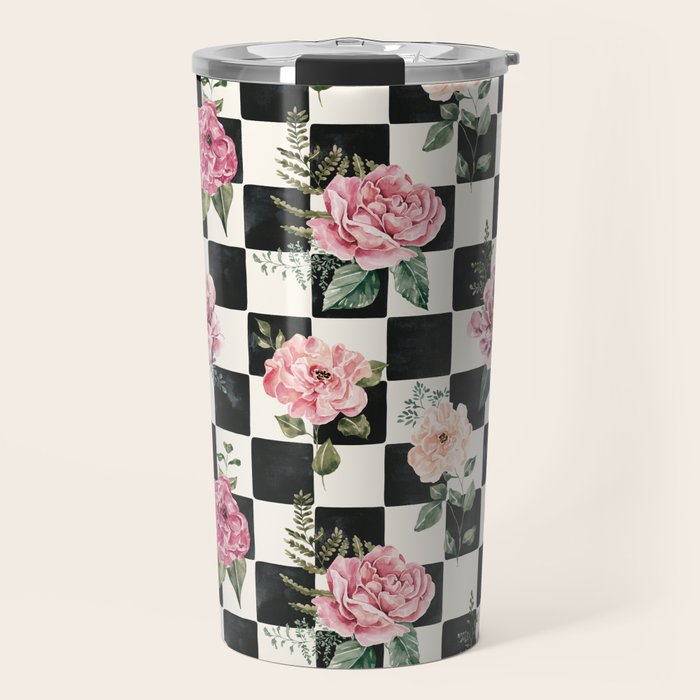Moonlit Hollow Vintage Checkered Floral Travel Mug Gallery Image 1