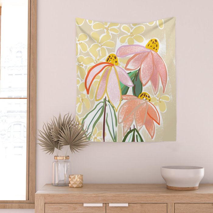 Chalky coneflowers still life Wall Tapestry Gallery Image 2