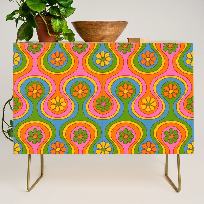 Groovy 60s Midcentury Modern Flower Pattern Credenza Gallery Image 1
