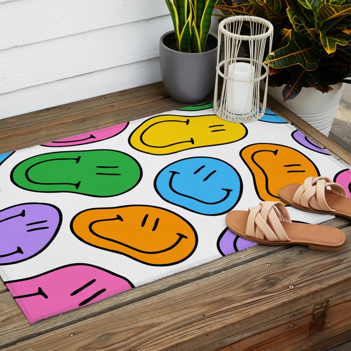 Colorful smiling happy face cartoon pattern Outdoor Rug Gallery Image 2