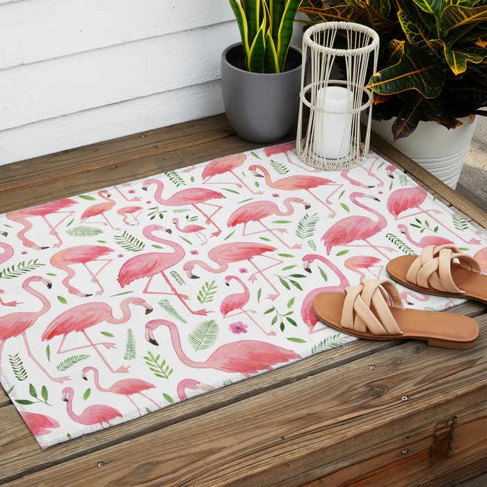 Flamingo Floral Pattern! Outdoor Rug Gallery Image 2