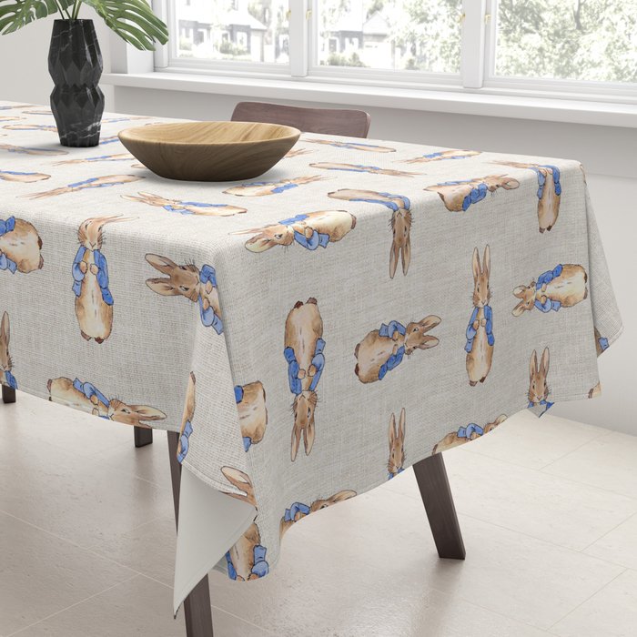 Peter the rabbit beige linen textured background Tablecloth Gallery Image 3