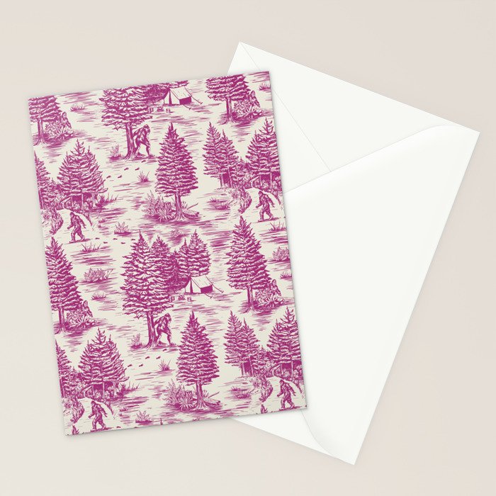 Magenta Bigfoot / Sasquatch Toile de Jouy Stationery Card Gallery Image 2