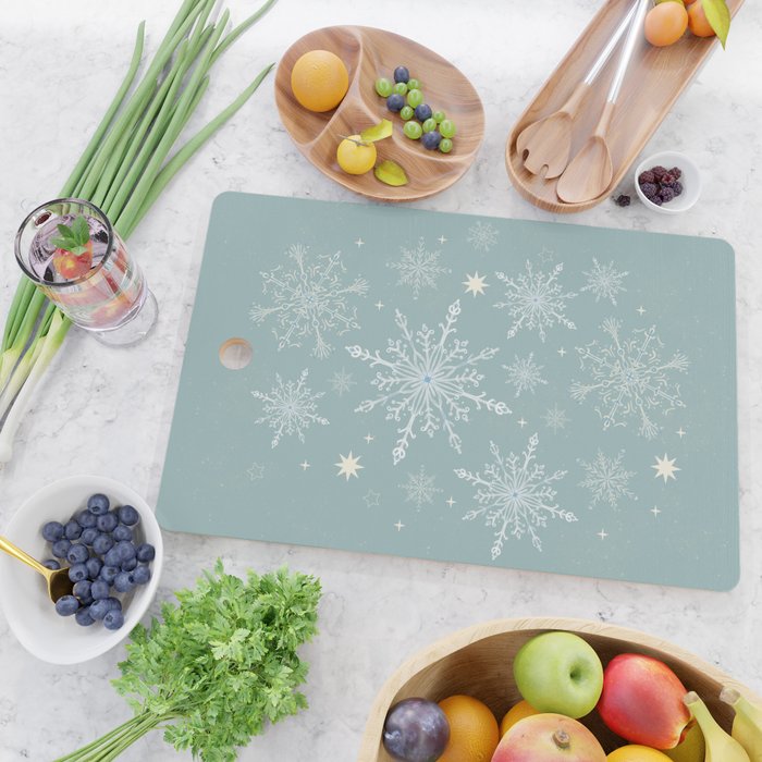 Elegant Winter Snowflake Pattern on Mint Green Background Cutting Board Gallery Image 2