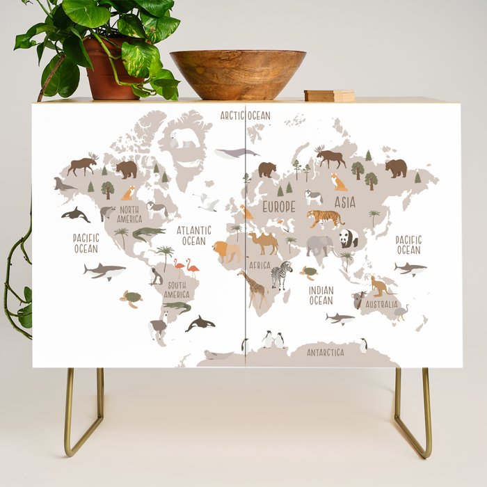 Kids World Map with Animals in White Credenza Gallery Image 1