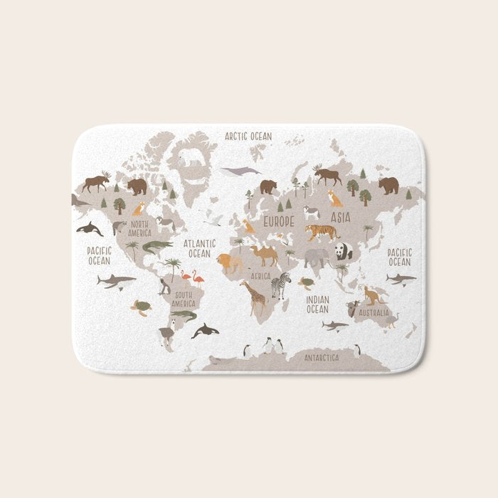 Kids World Map with Animals in White Bath Mat Gallery Image 1