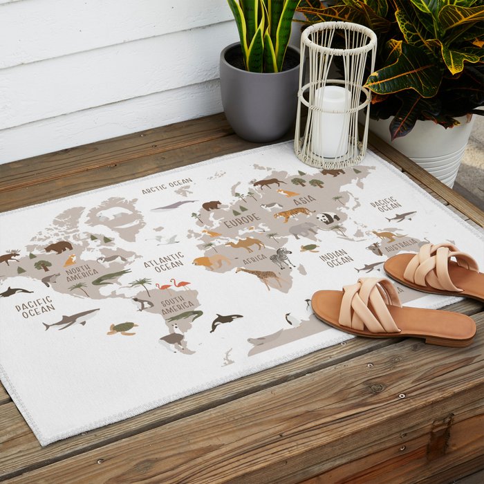 Kids World Map with Animals in White Outdoor Rug Gallery Image 2
