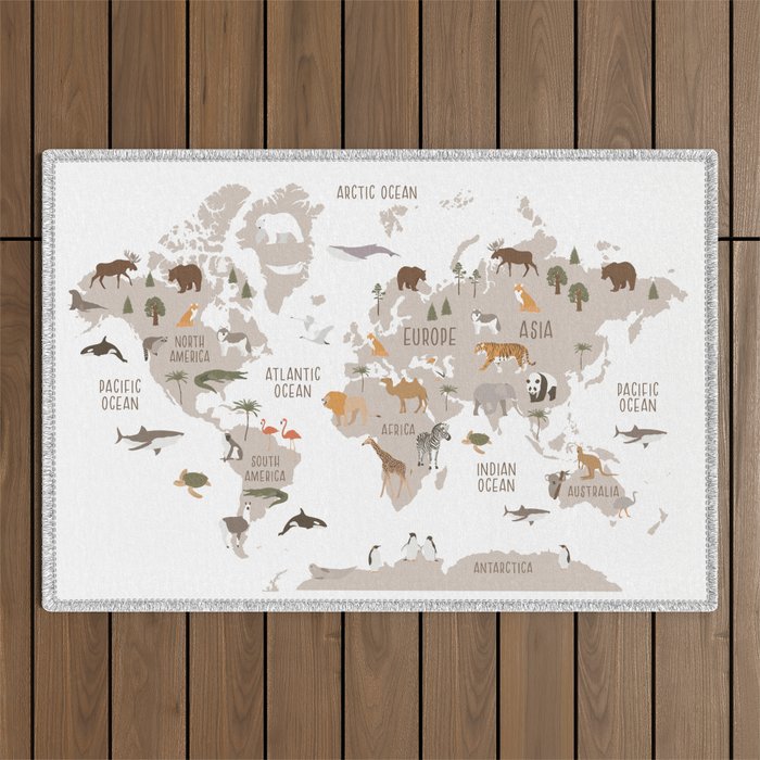 Kids World Map with Animals in White Outdoor Rug Gallery Image 1