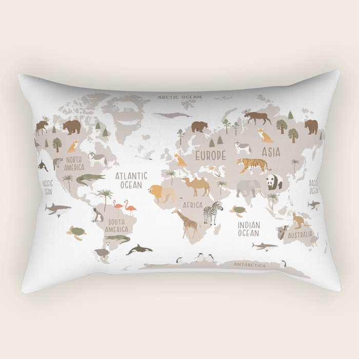 Kids World Map with Animals in White Rectangular Pillow Gallery Image 2