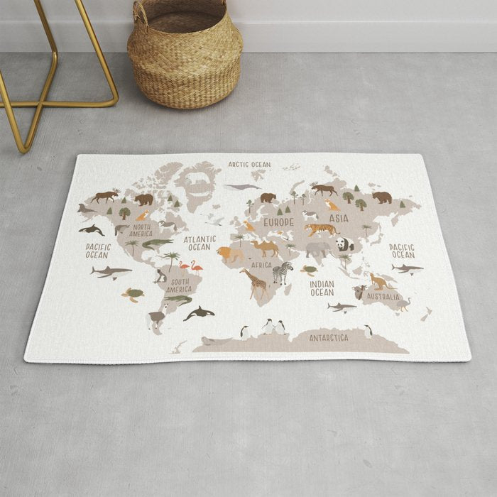 Kids World Map with Animals in White Rug Gallery Image 1