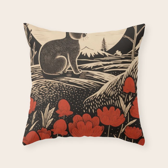 Red Tulip Moon Rise Bunny Throw Pillow Gallery Image 1