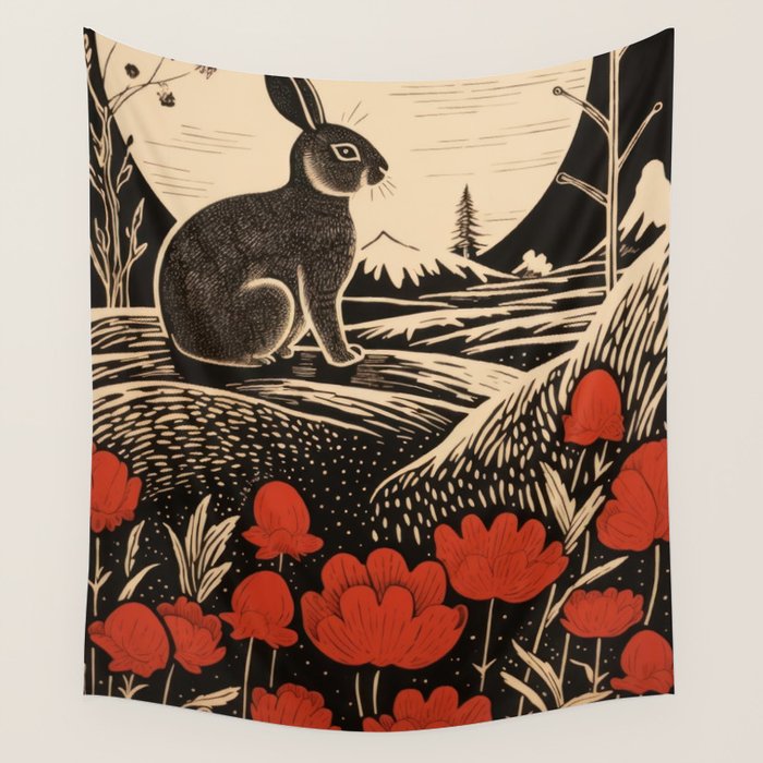Red Tulip Moon Rise Bunny Wall Tapestry Gallery Image 4