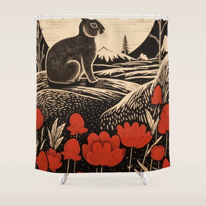 Red Tulip Moon Rise Bunny Shower Curtain Gallery Image 1