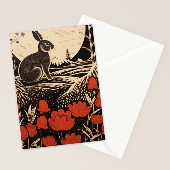 Red Tulip Moon Rise Bunny Stationery Card Gallery Image 2
