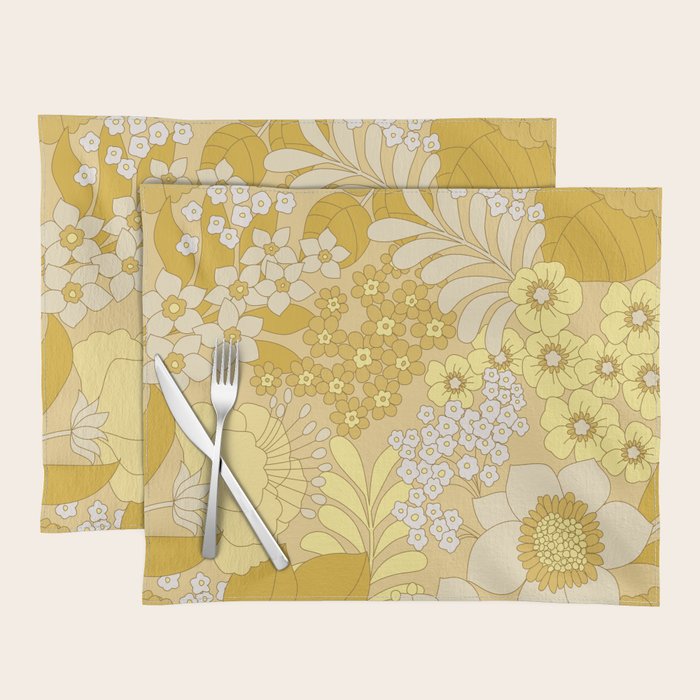 Yellow, Ivory & Brown Retro Floral Pattern Placemat Gallery Image 1