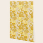 Yellow, Ivory & Brown Retro Floral Pattern Wallpaper Gallery Image 2