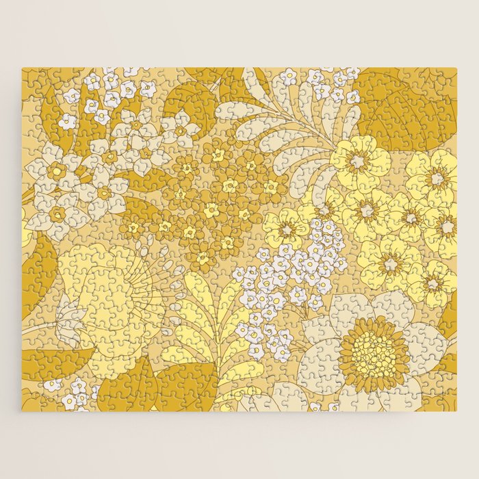 Yellow, Ivory & Brown Retro Floral Pattern Jigsaw Puzzle Gallery Image 1