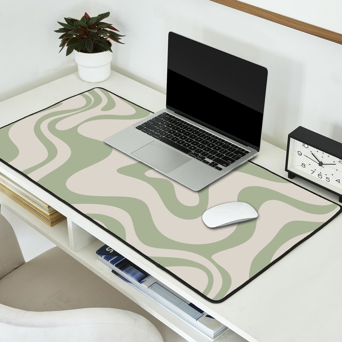 Liquid Swirl Modern Abstract Pattern in Beige and Sage Green Desk Mat Gallery Image 2