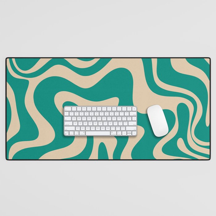 Liquid Swirl Retro Abstract Pattern in Mid Mod Turquoise Teal and Beige Desk Mat Gallery Image 1