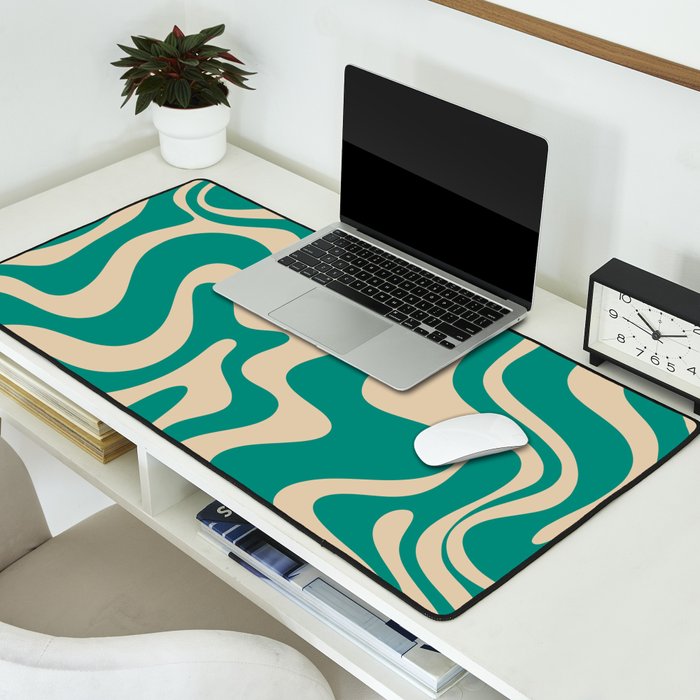 Liquid Swirl Retro Abstract Pattern in Mid Mod Turquoise Teal and Beige Desk Mat Gallery Image 2