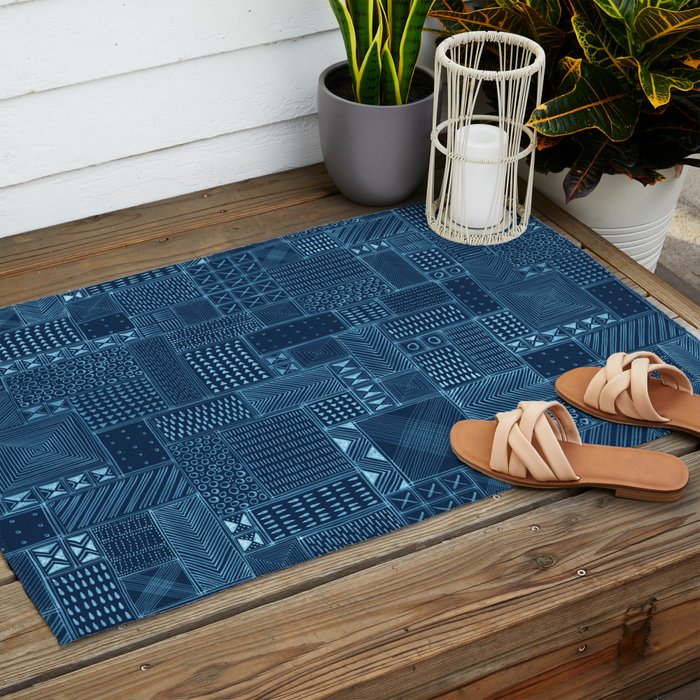 African Indigo Tribal Mud Cloth Outdoor Rug Gallery Image 2