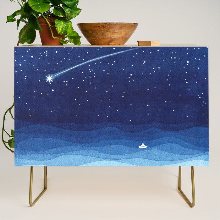 Falling star, shooting star, sailboat ocean waves blue sea Credenza Gallery Image 1