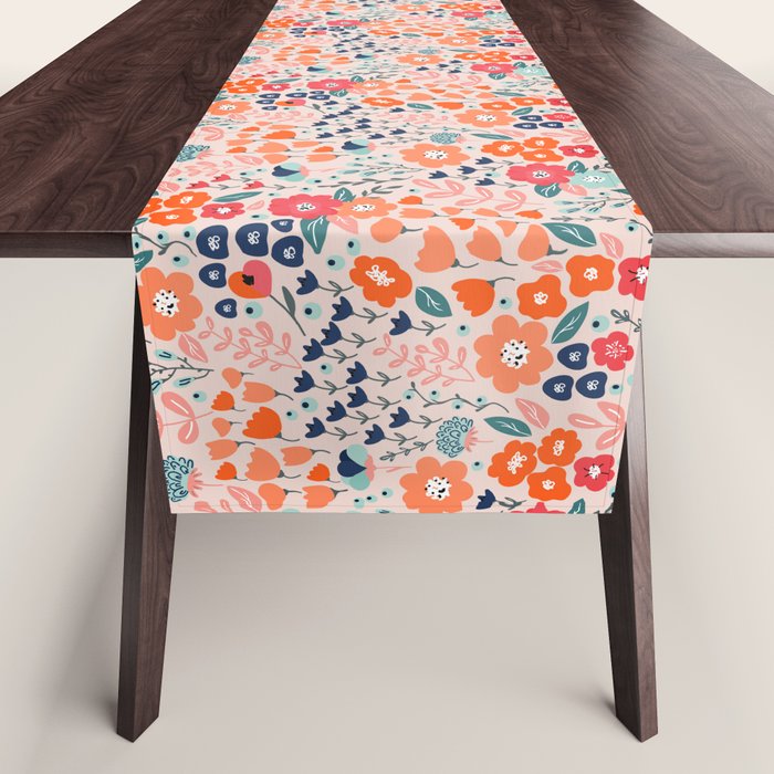 Ditsy Florals, Pink, Orange, Teal, Navy Table Runner Gallery Image 1