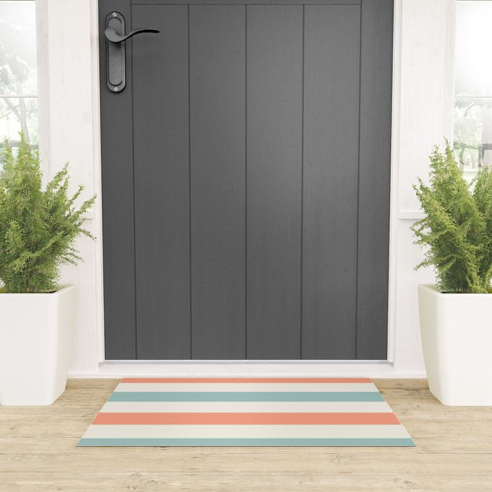 Orange, turquoise and cream stripes Welcome Mat Gallery Image 3