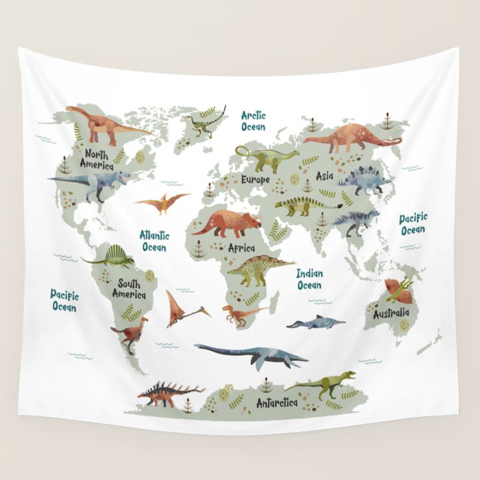 Dinosaur World Map Wall Tapestry Gallery Image 1