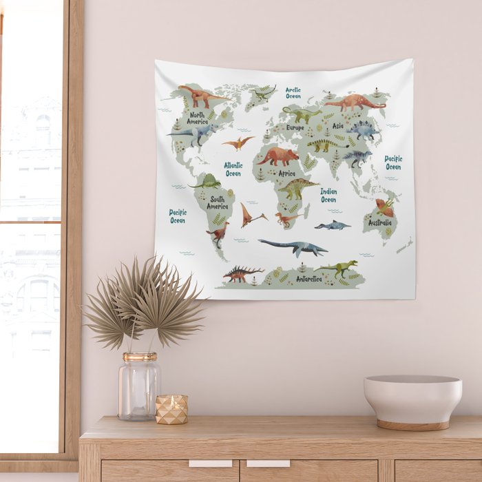 Dinosaur World Map Wall Tapestry Gallery Image 2