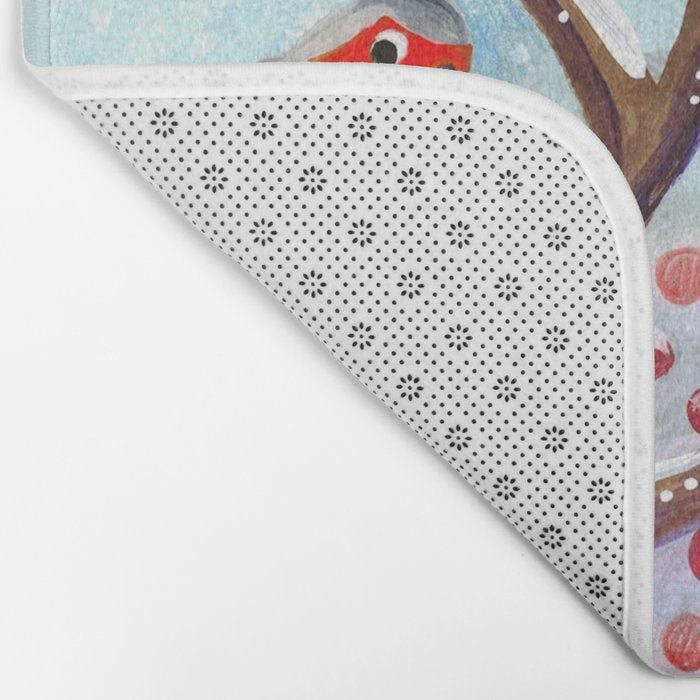 Cute red Robin birds and berries blue winter Bath Mat Gallery Image 2