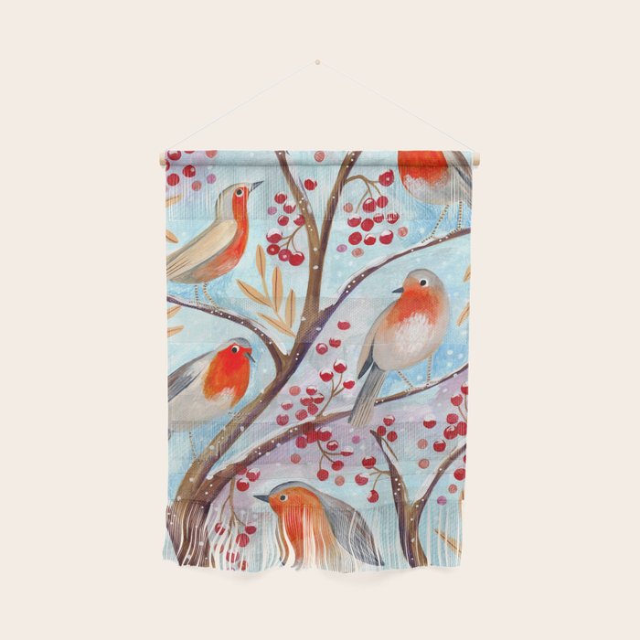 Cute red Robin birds and berries blue winter Wall Hanging Gallery Image 1