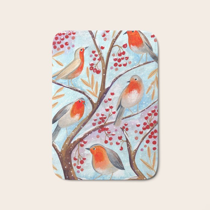 Cute red Robin birds and berries blue winter Bath Mat Gallery Image 1