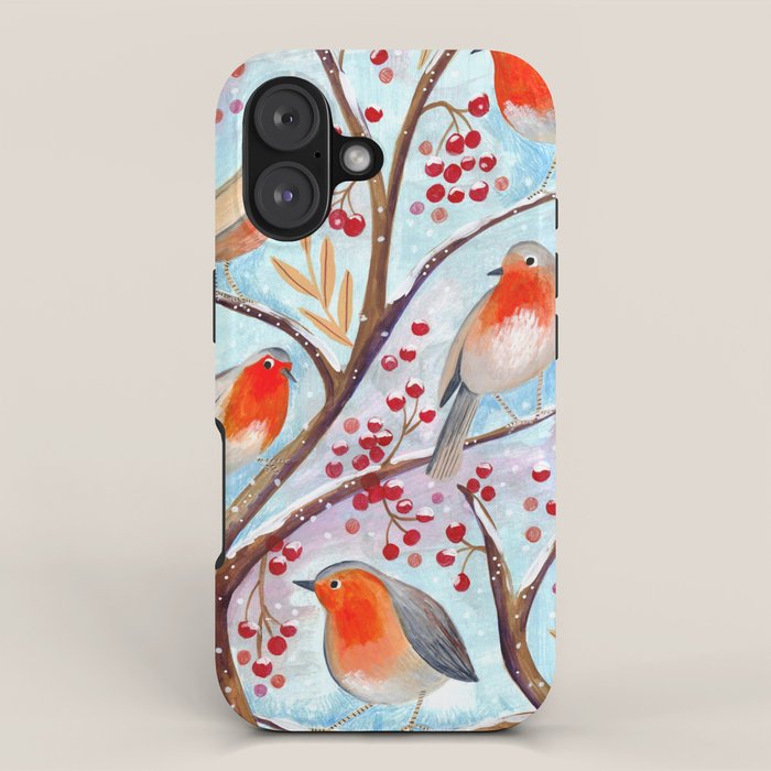 Cute red Robin birds and berries blue winter iPhone Case Gallery Image 1