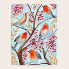 Cute red Robin birds and berries blue winter Poster Gallery Image 4