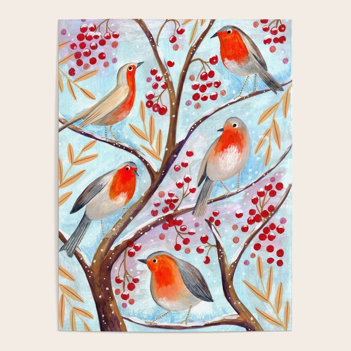 Cute red Robin birds and berries blue winter Poster Gallery Image 4